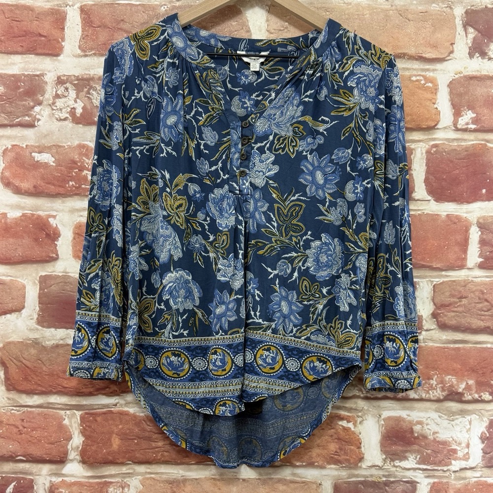 Lucky Brand Henley Top Women's Small Blue Boho Floral Bordered Casual Shirt
